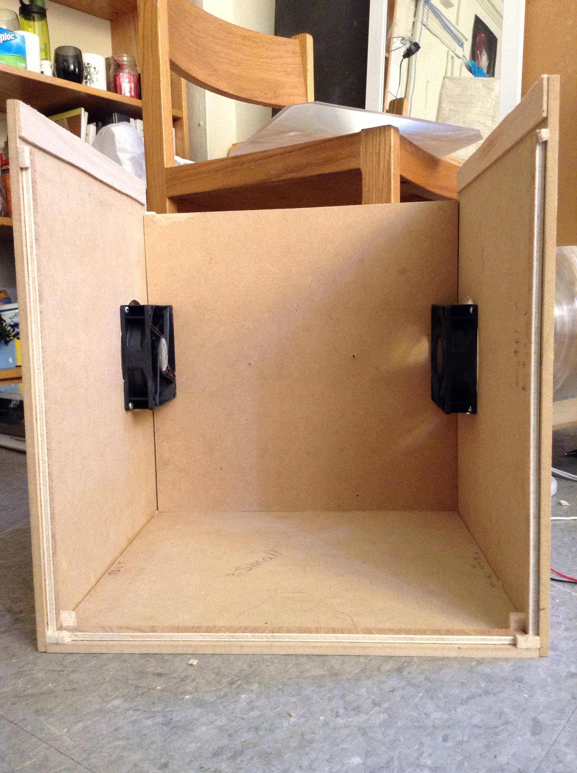 Top view of base lying on its side, without side panel